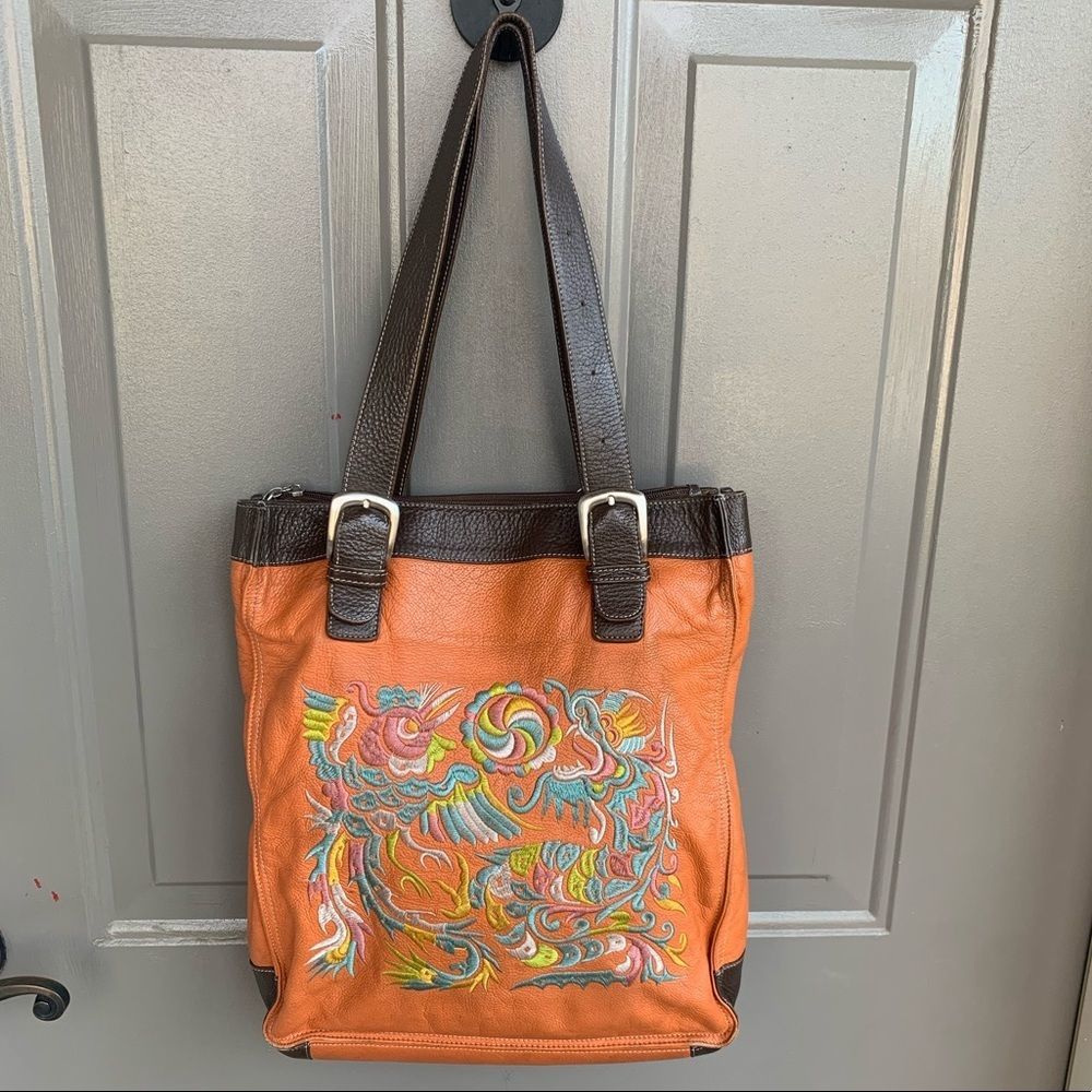 Bampo Orange Leather Embroidered Tote